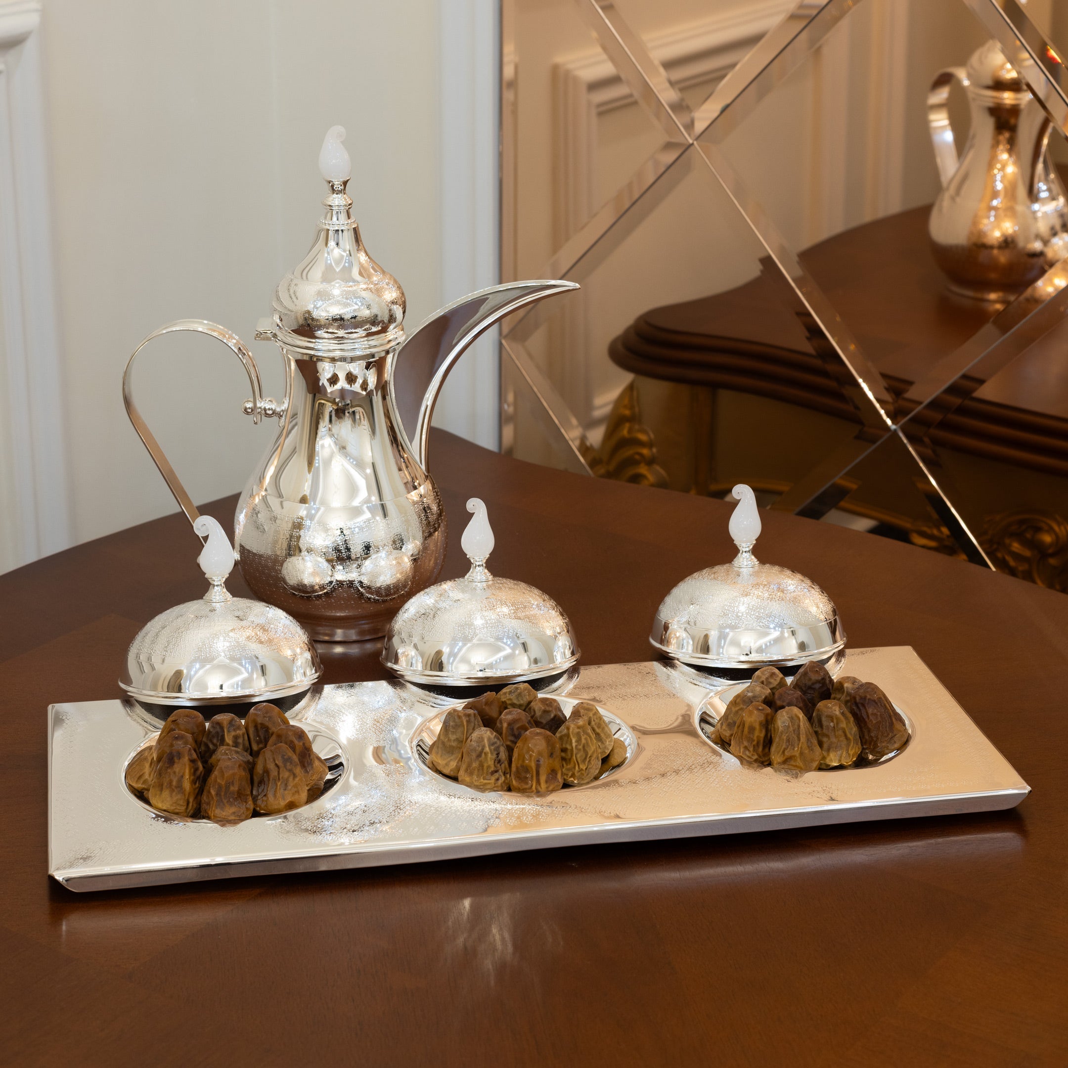 3-Section Tray on Chisel No. 20 with White Flame Glass Knob Covers