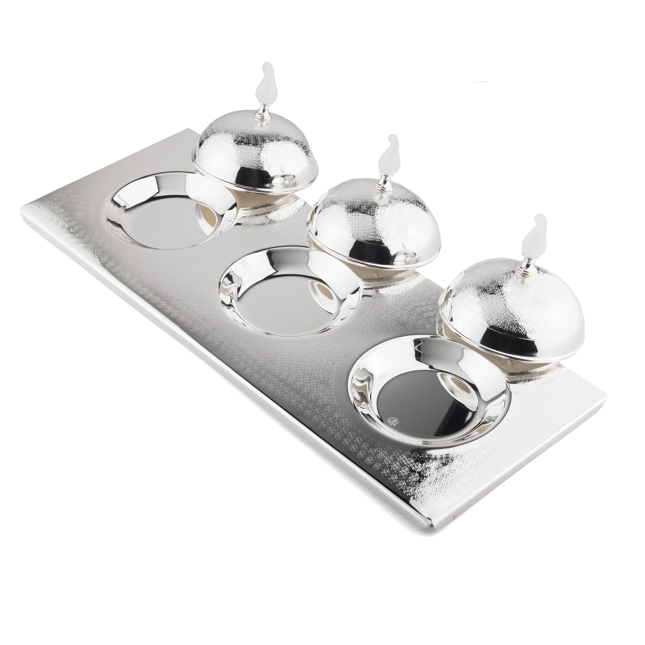 3-Section Tray on Chisel No. 20 with White Flame Glass Knob Covers