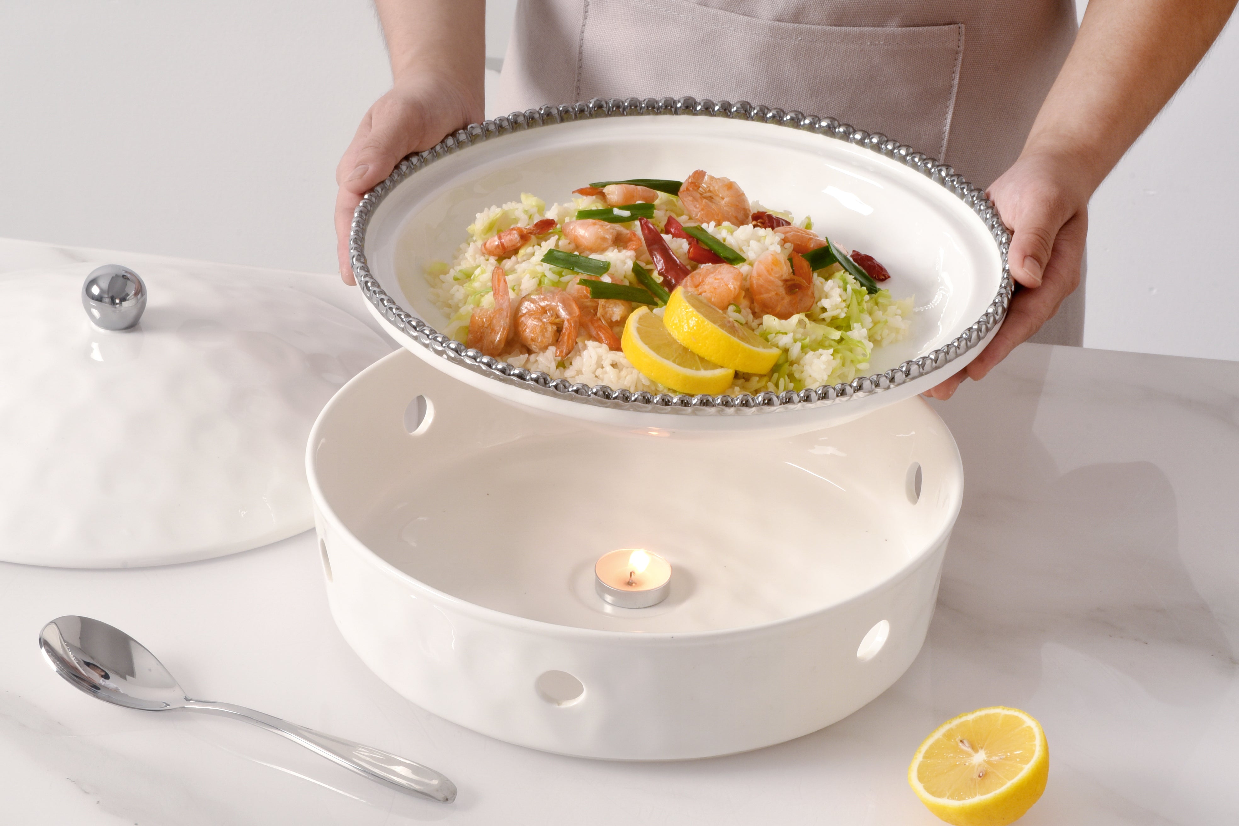5-Piece Bundle of Large Round Chafing Dish with Silver Beads