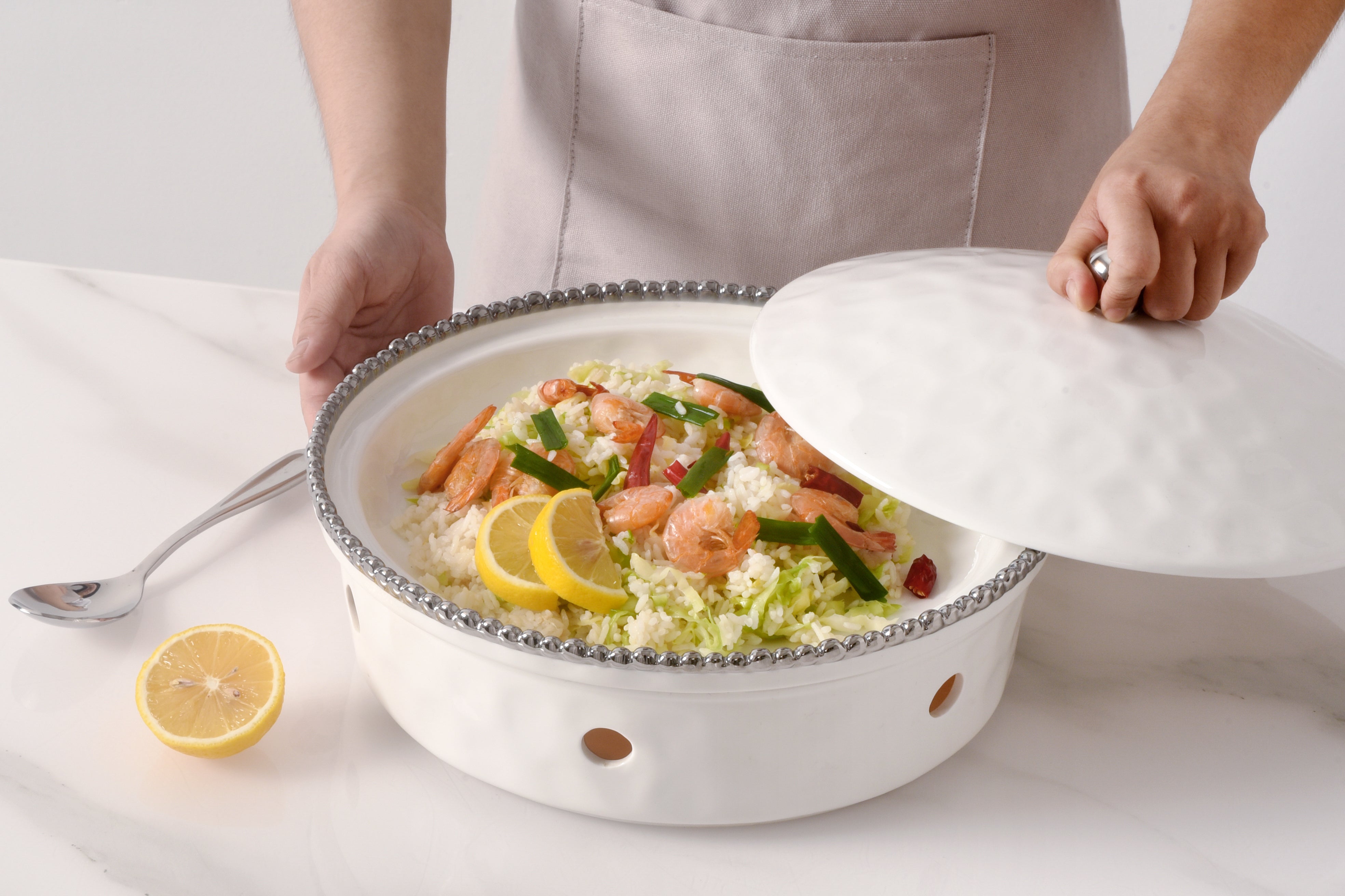 3-Piece Bundle of Large Round Chafing Dish with Silver Beads