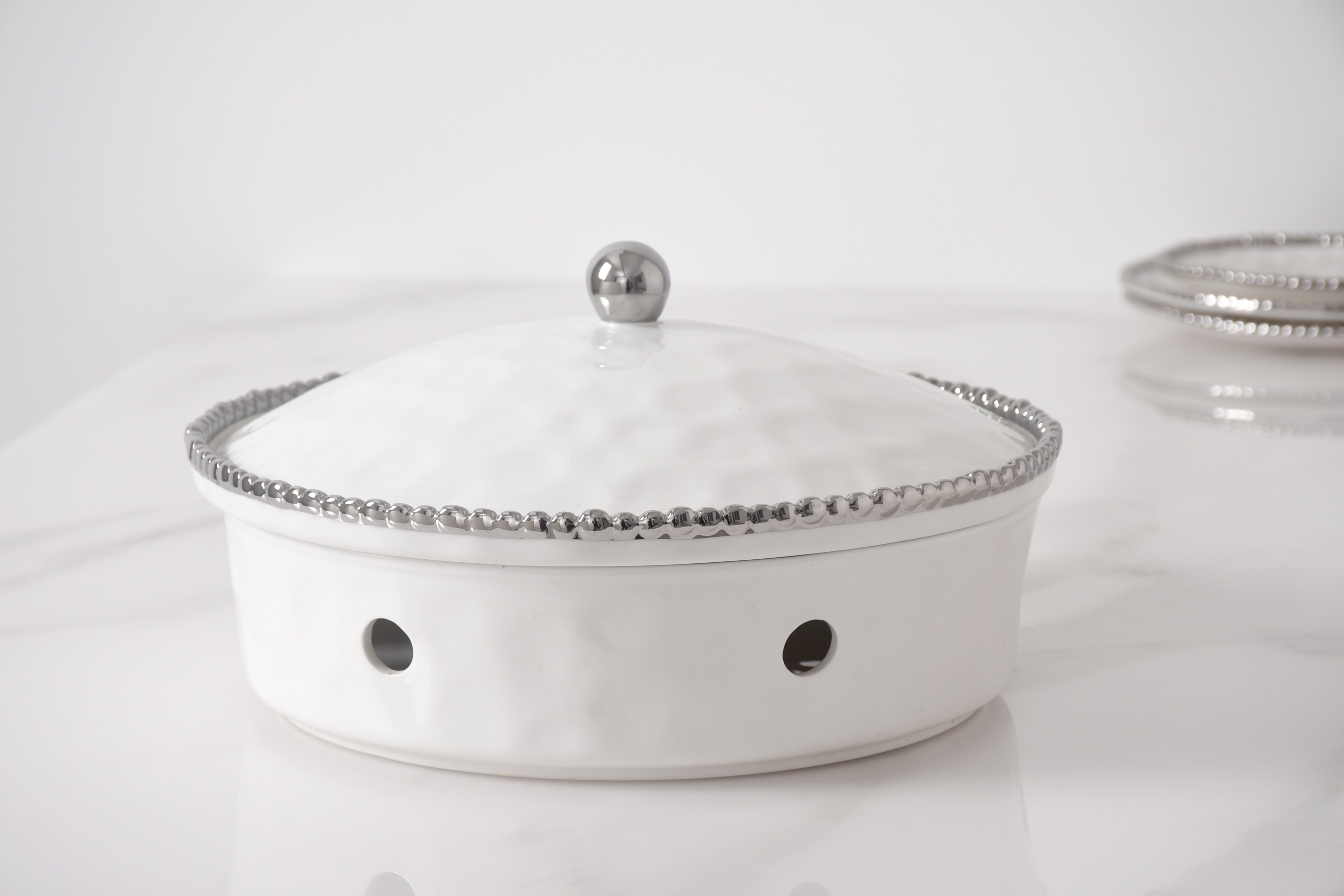 5-Piece Bundle of Large Round Chafing Dish with Silver Beads