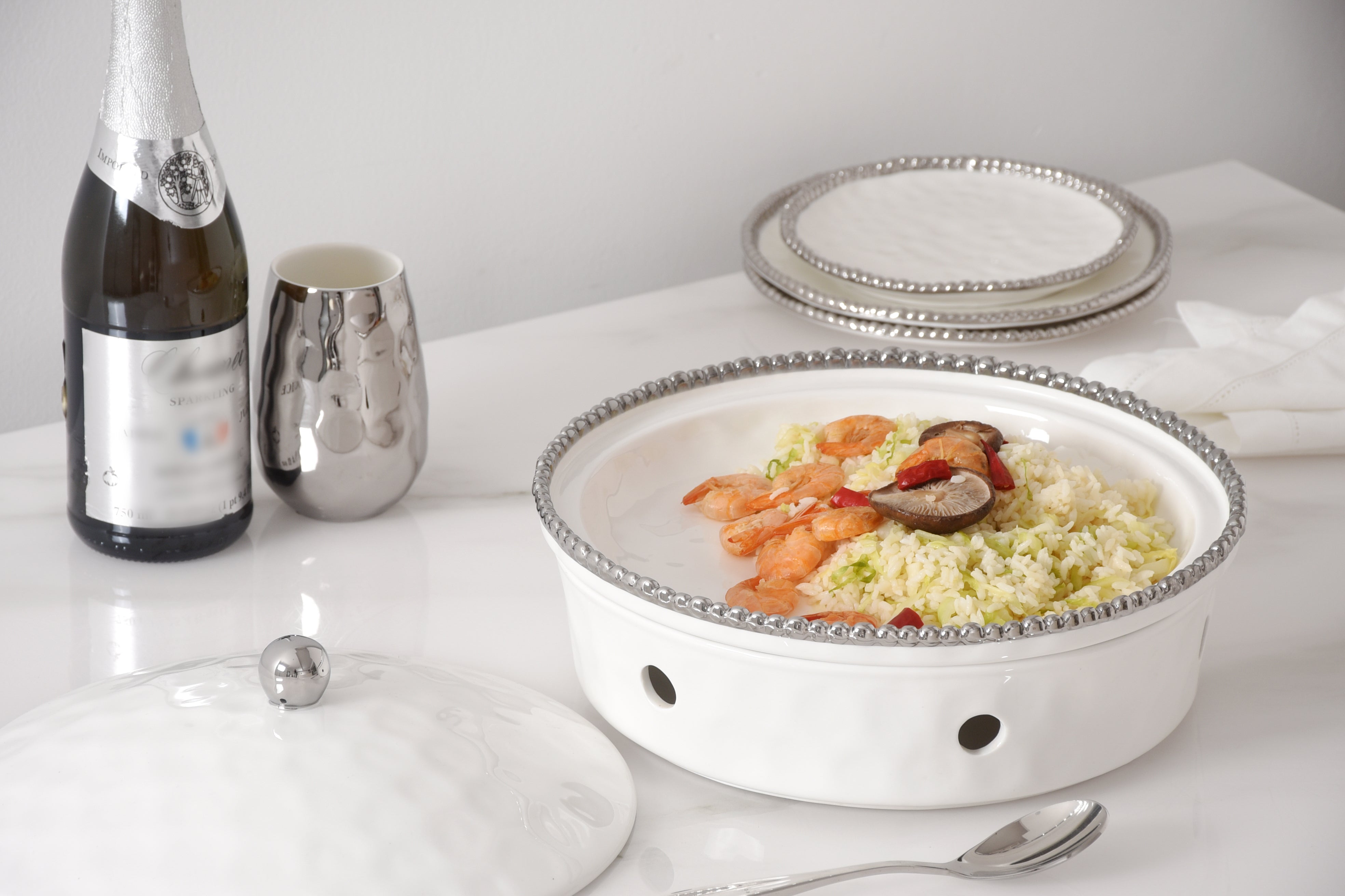 4-Piece Bundle of Large Round Chafing Dish with Silver Beads