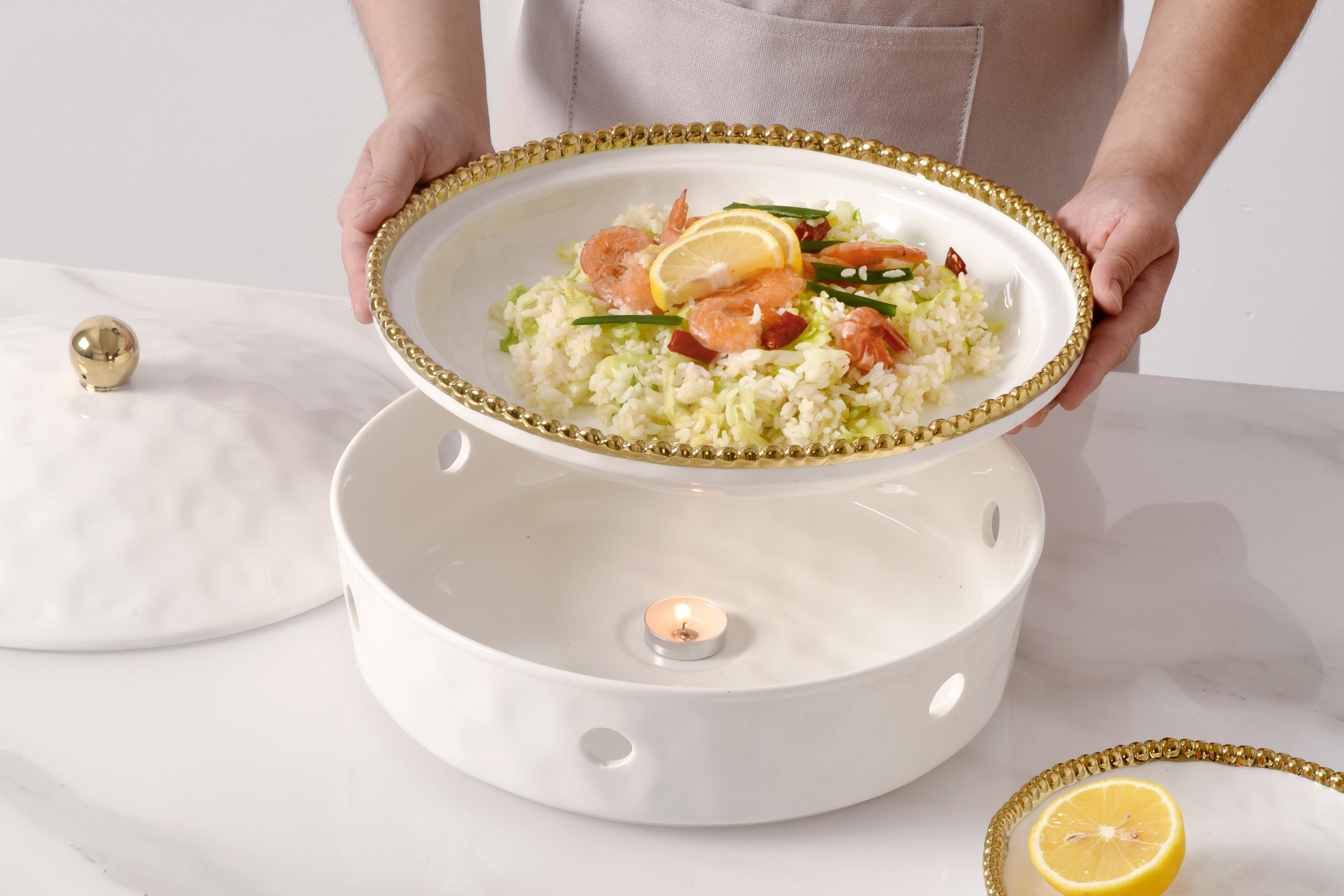 4-Piece Bundle of Large Round Chafing Dish with Gold Beads