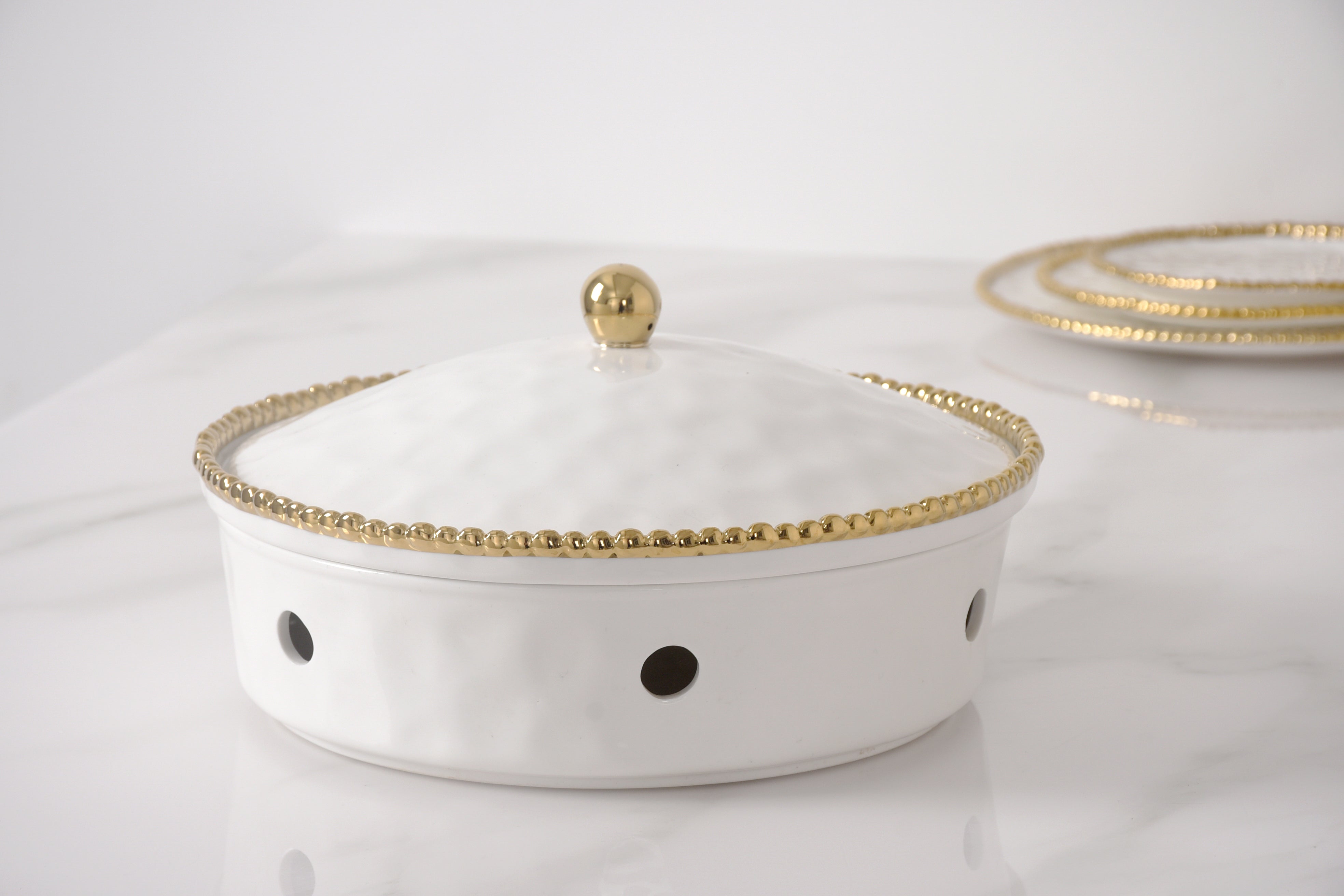 5-Piece Bundle of Large Round Chafing Dish with Gold Beads