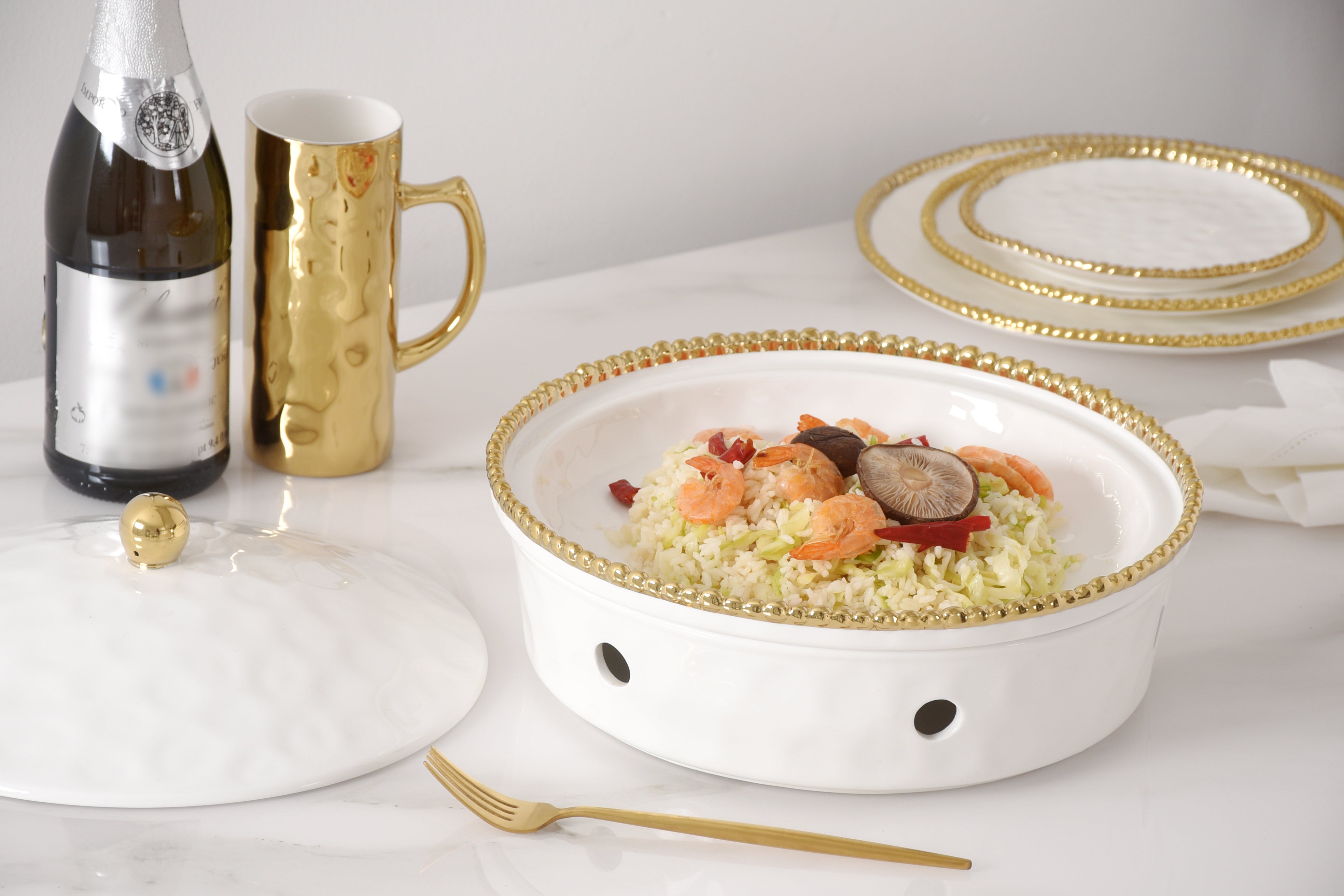 3-Piece Bundle of Large Round Chafing Dish with Gold Beads