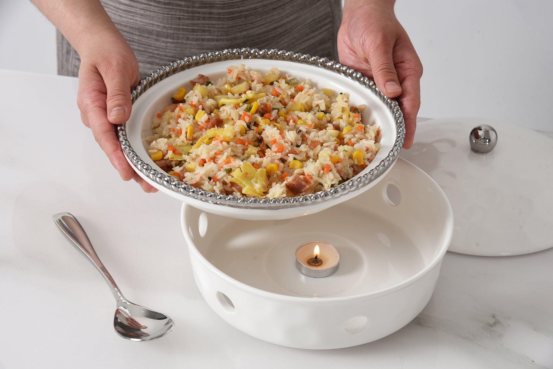 4-Piece Bundle of Small Round Chafing Dish with Silver Beads
