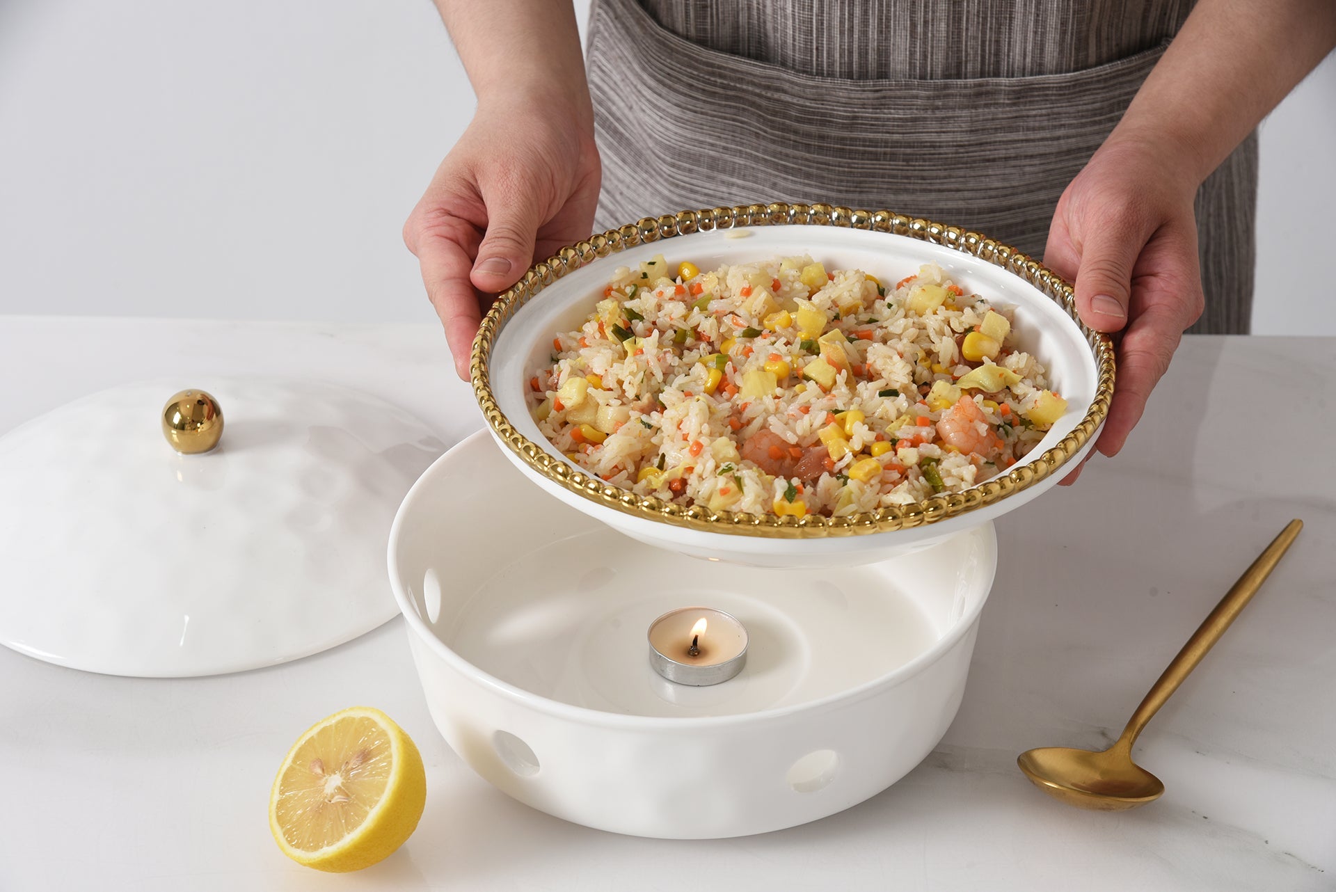 4-Piece Bundle of Small Round Chafing Dish with Gold Beads