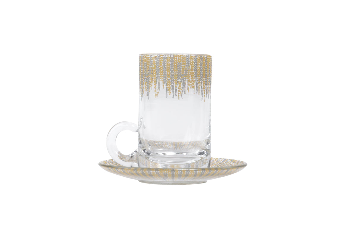 Big Tea Cup & Saucer Glass Golden Silver Set of 6 Pcs