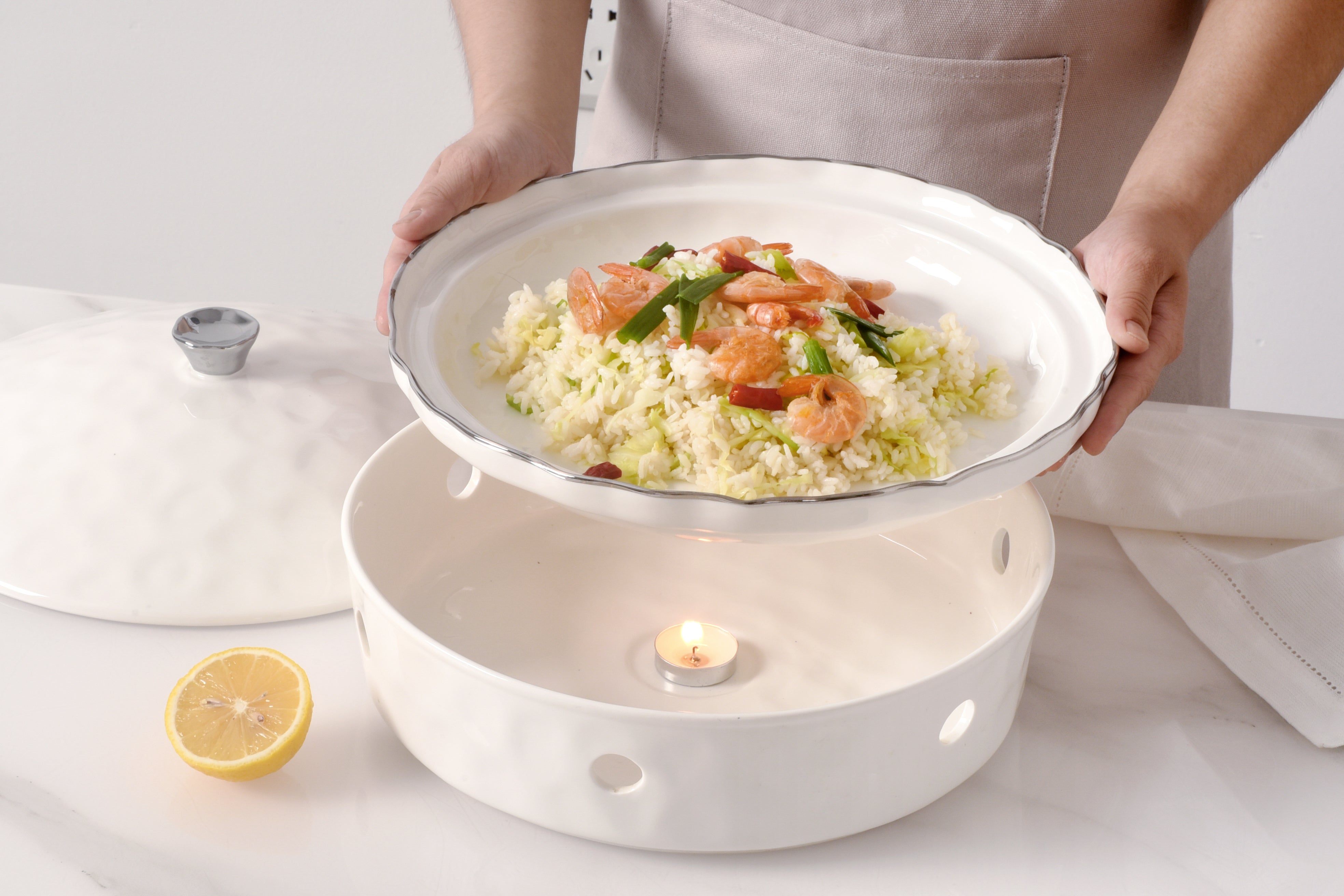 4-Piece Bundle of Large Round Chafing Dish with Wavy Silver Rim