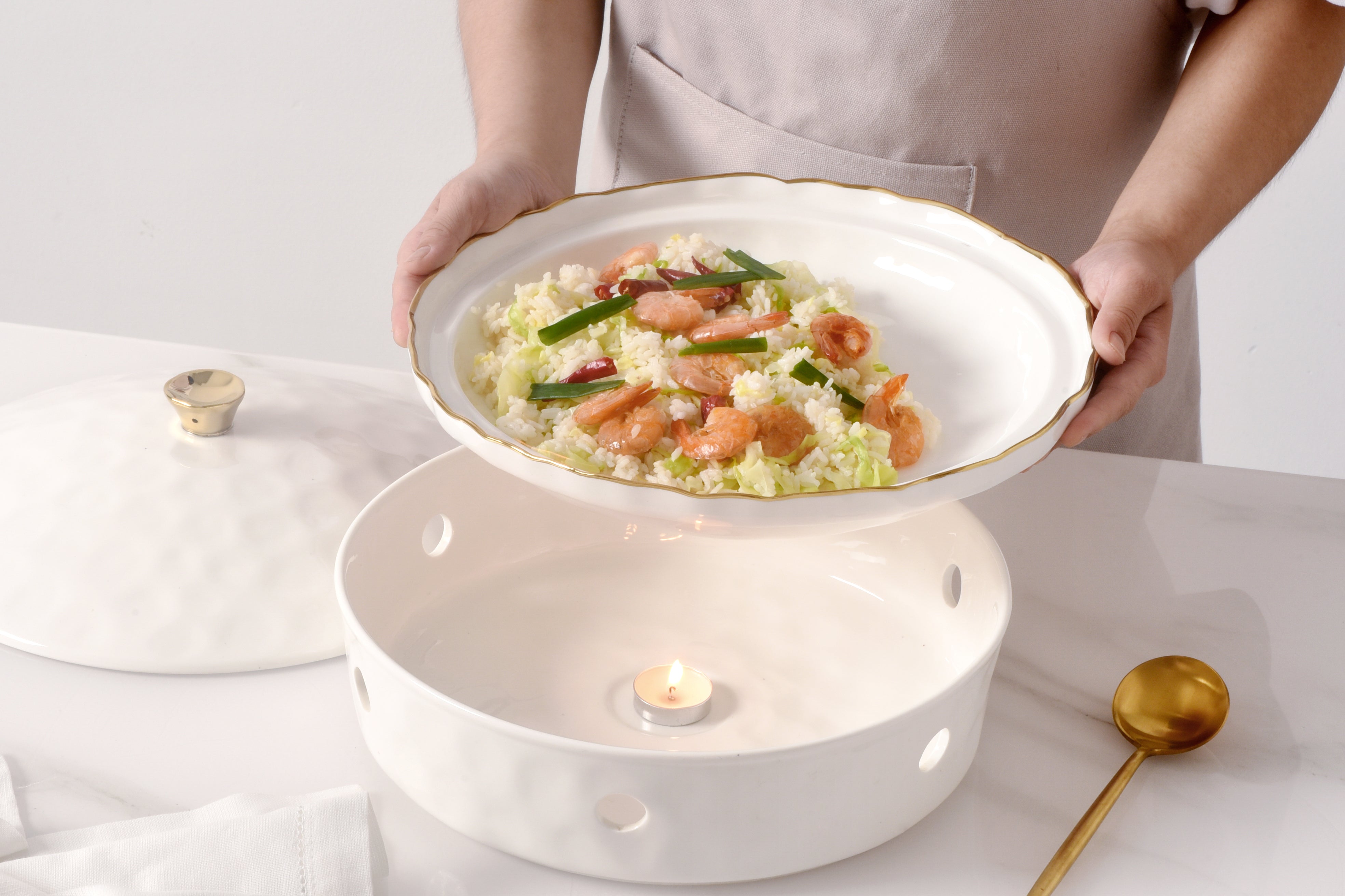 3-Piece Bundle of Large Round Chafing Dish with Wavy Gold Rim