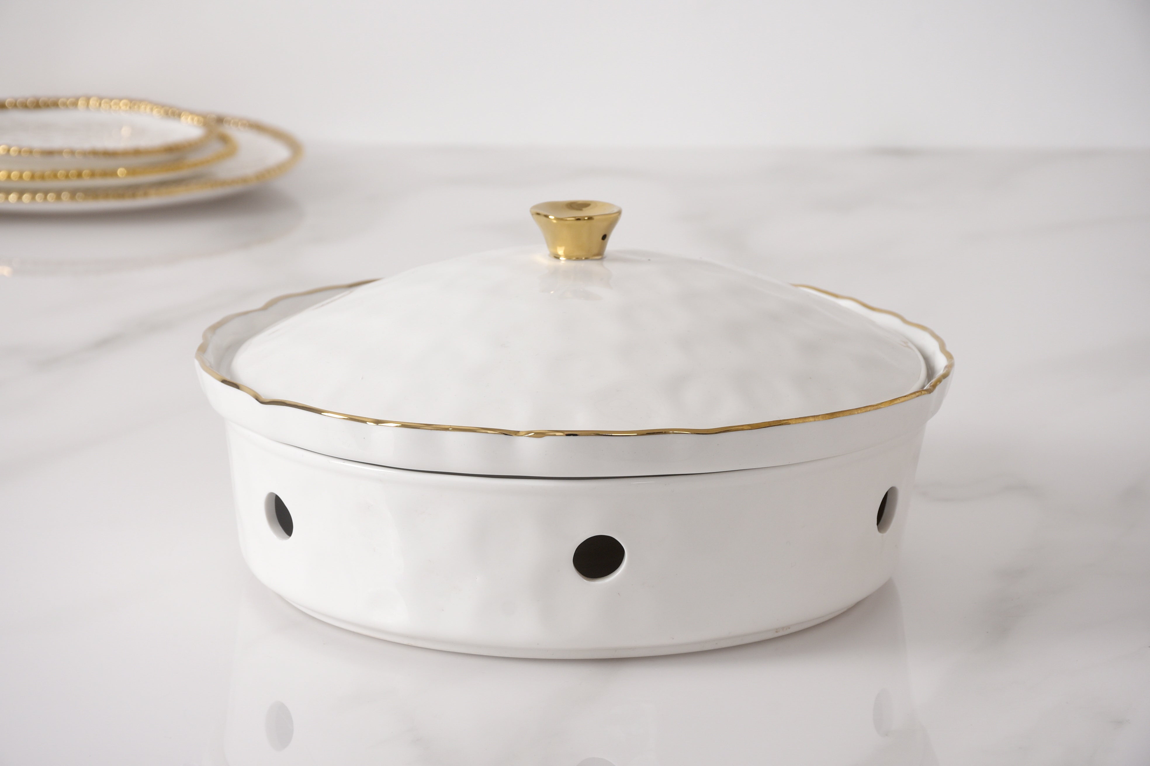 5-Piece Bundle of Large Round Chafing Dish with Wavy Gold Rim