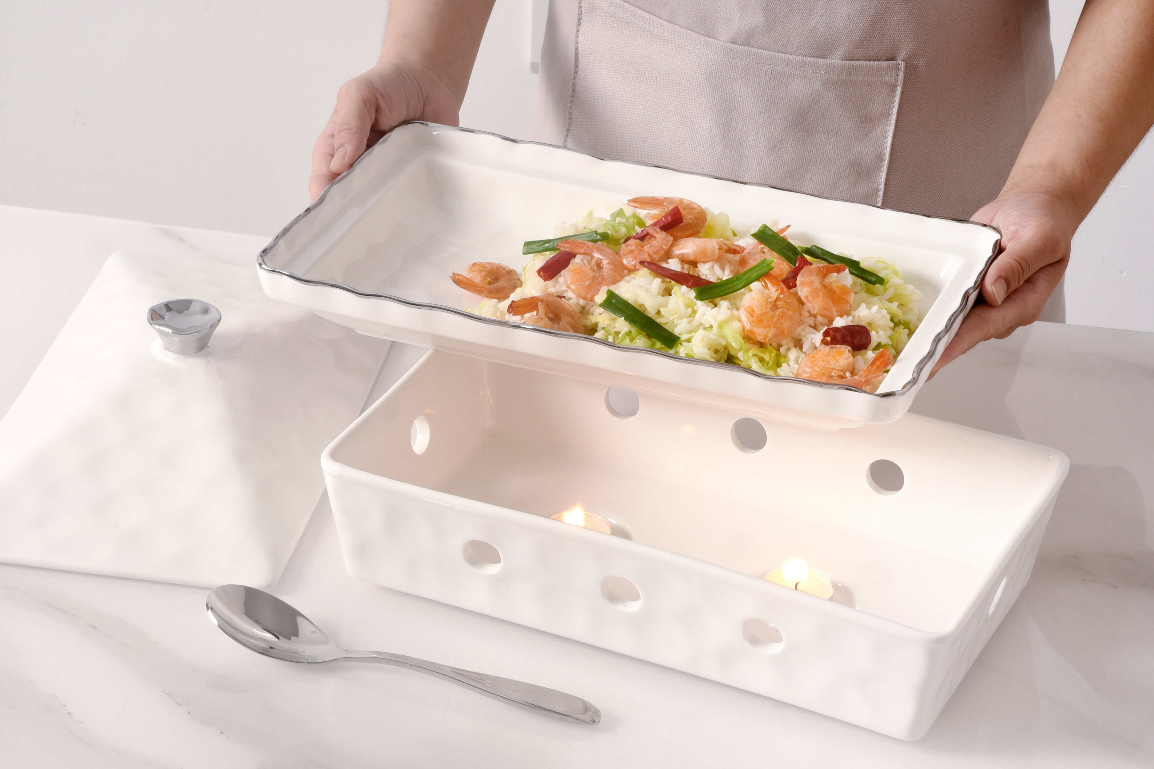 4-Piece Bundle of Rectangular Chafing Dish with Wavy Silver Rim