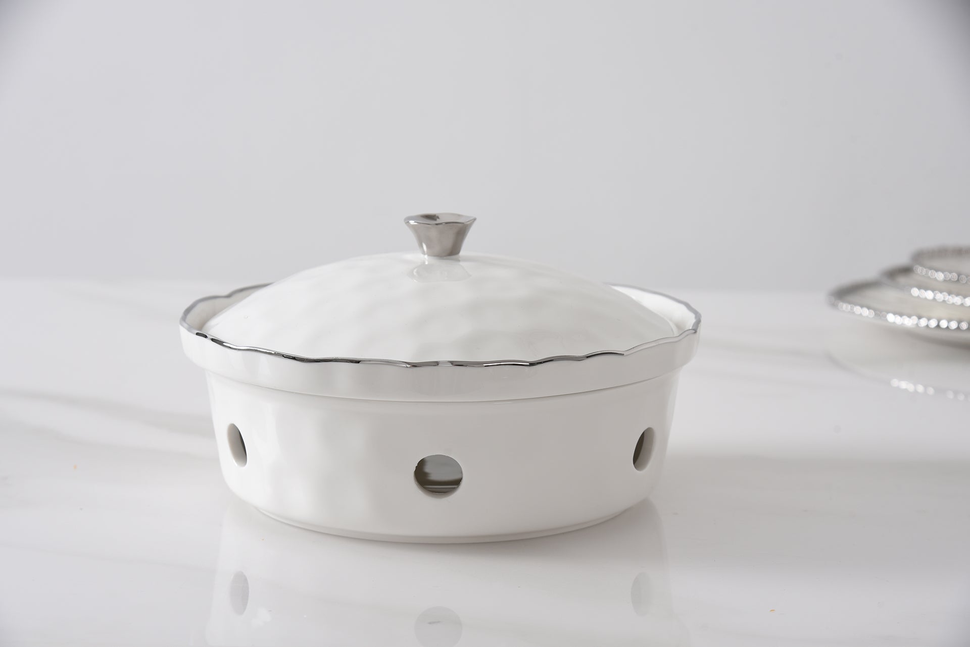 3-Piece Bundle of Small Round Chafing Dish with Wavy Silver Rim
