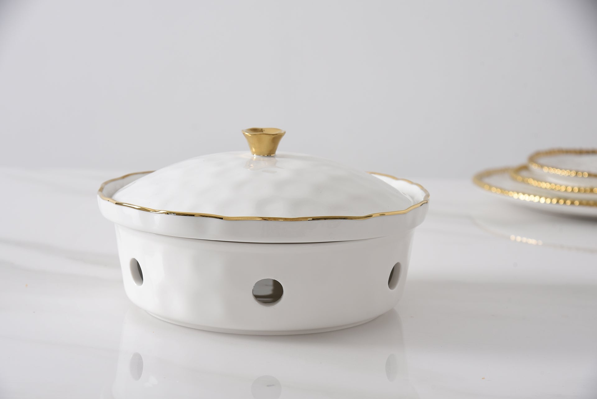 4-Piece Bundle of Small Round Chafing Dish with Wavy Gold Rim