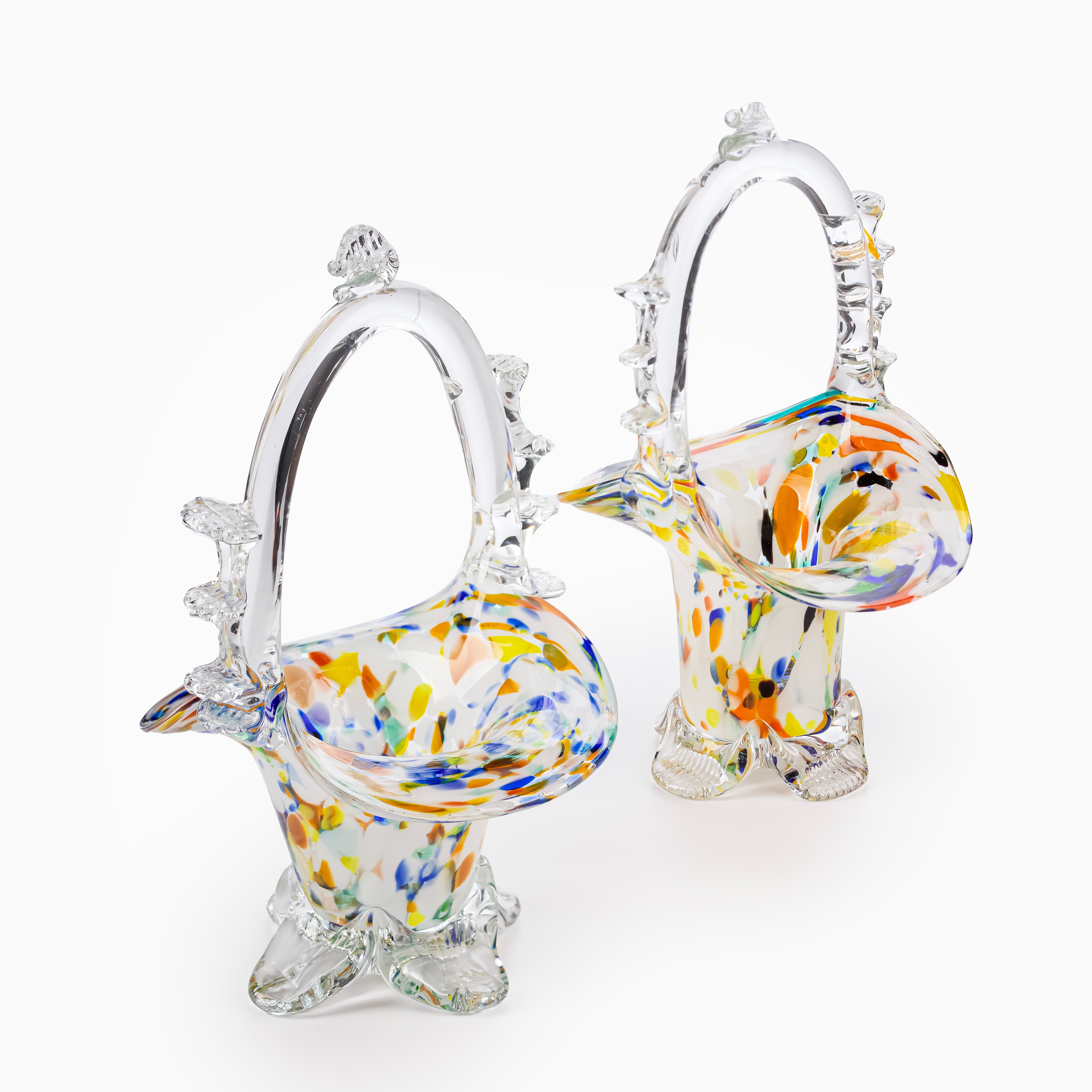 Confetti Art Glass Basket with Spiked Handle and Scroll Feet